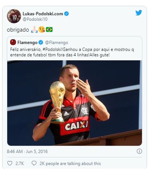 No seu aniversário em 2016, Podolski recebeu as felicitações do perfil oficial do Flamengo no twitter. O atacante agradeceu o carinho e interagiu com torcedores brasileiros. 