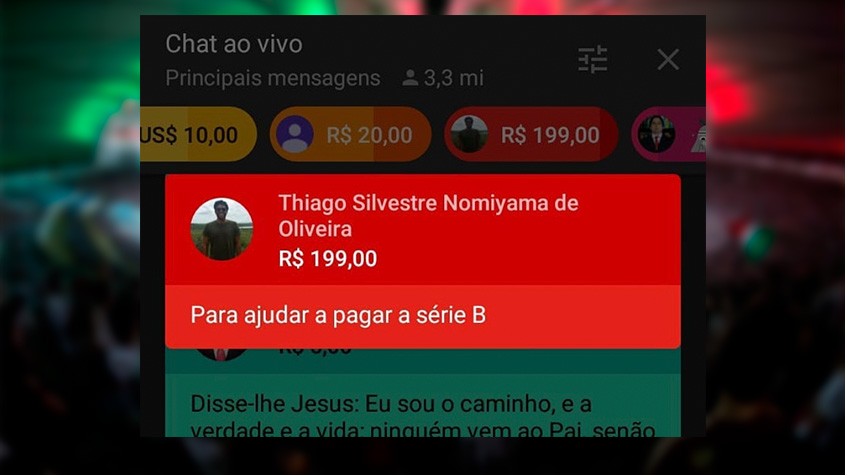 Durante a transmissão da final da Taça Rio entre Fluminense e Flamengo, torcedores fizeram doações pelo YouTube com comentários irreverentes