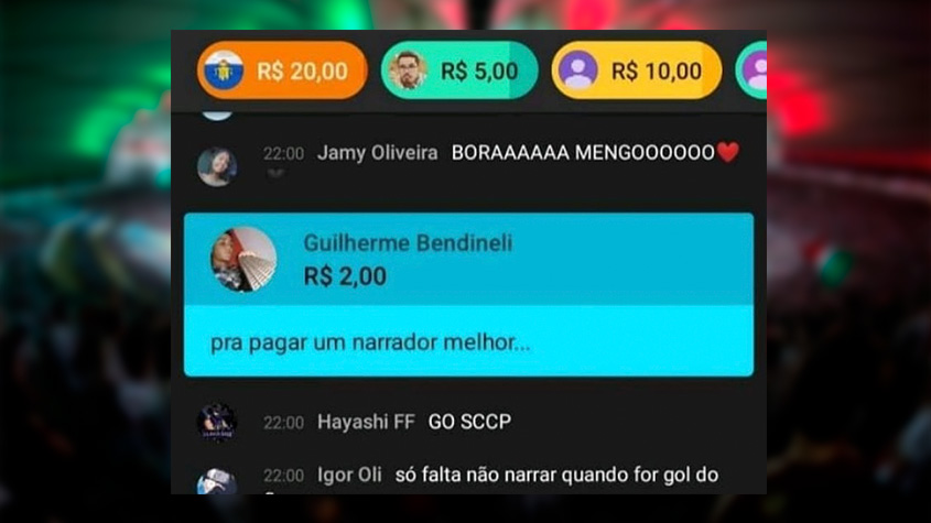 Durante a transmissão da final da Taça Rio entre Fluminense e Flamengo, torcedores fizeram doações pelo YouTube com comentários irreverentes