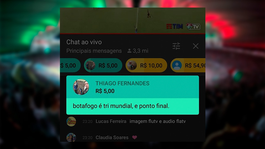 Durante a transmissão da final da Taça Rio entre Fluminense e Flamengo, torcedores fizeram doações pelo YouTube com comentários irreverentes