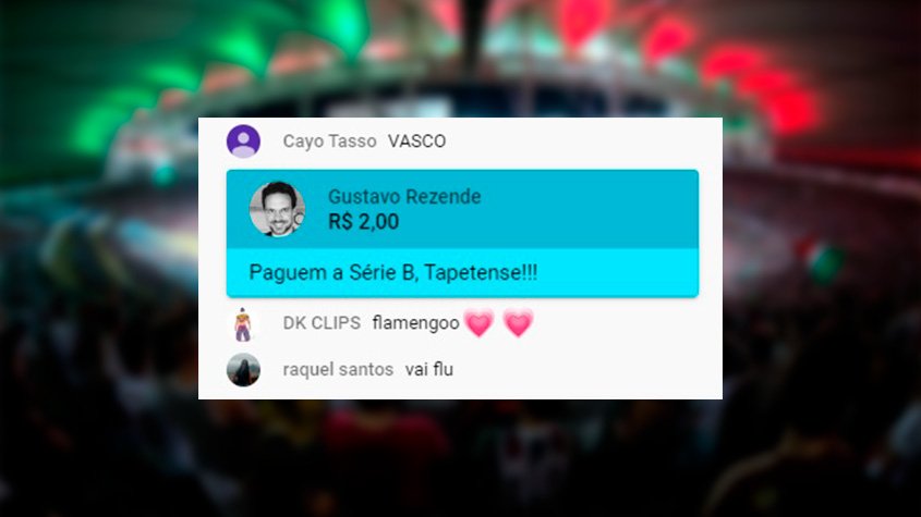 Durante a transmissão da final da Taça Rio entre Fluminense e Flamengo, torcedores fizeram doações pelo YouTube com comentários irreverentes