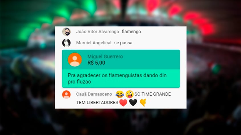 Durante a transmissão da final da Taça Rio entre Fluminense e Flamengo, torcedores fizeram doações pelo YouTube com comentários irreverentes