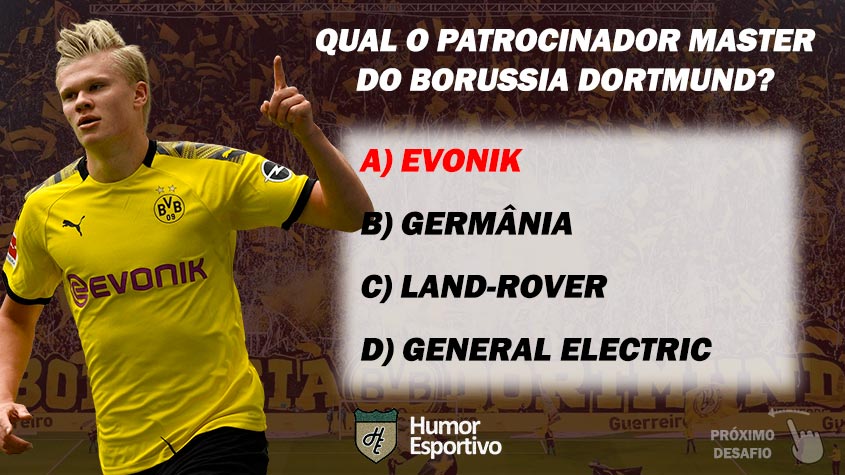 Acertou a resposta? Passe para o próximo time! Obs: a Evonik é exibida nos jogos internacionais, enquanto na Bundesliga o espaço principal da camisa é patrocinado pelo provedor de serviços de internet "1&1"