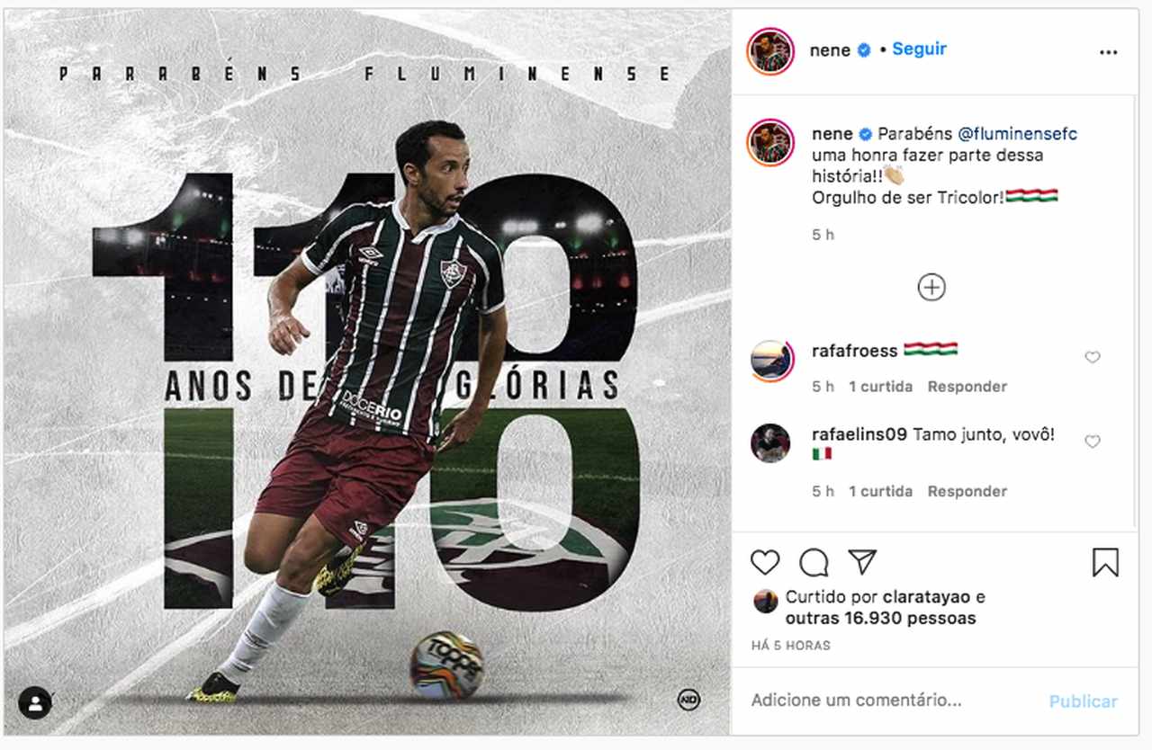 Artilheiro do Fluminense no ano, Nenê chegou às Laranjeiras há pouco mais de um ano e parabenizou o Flu.