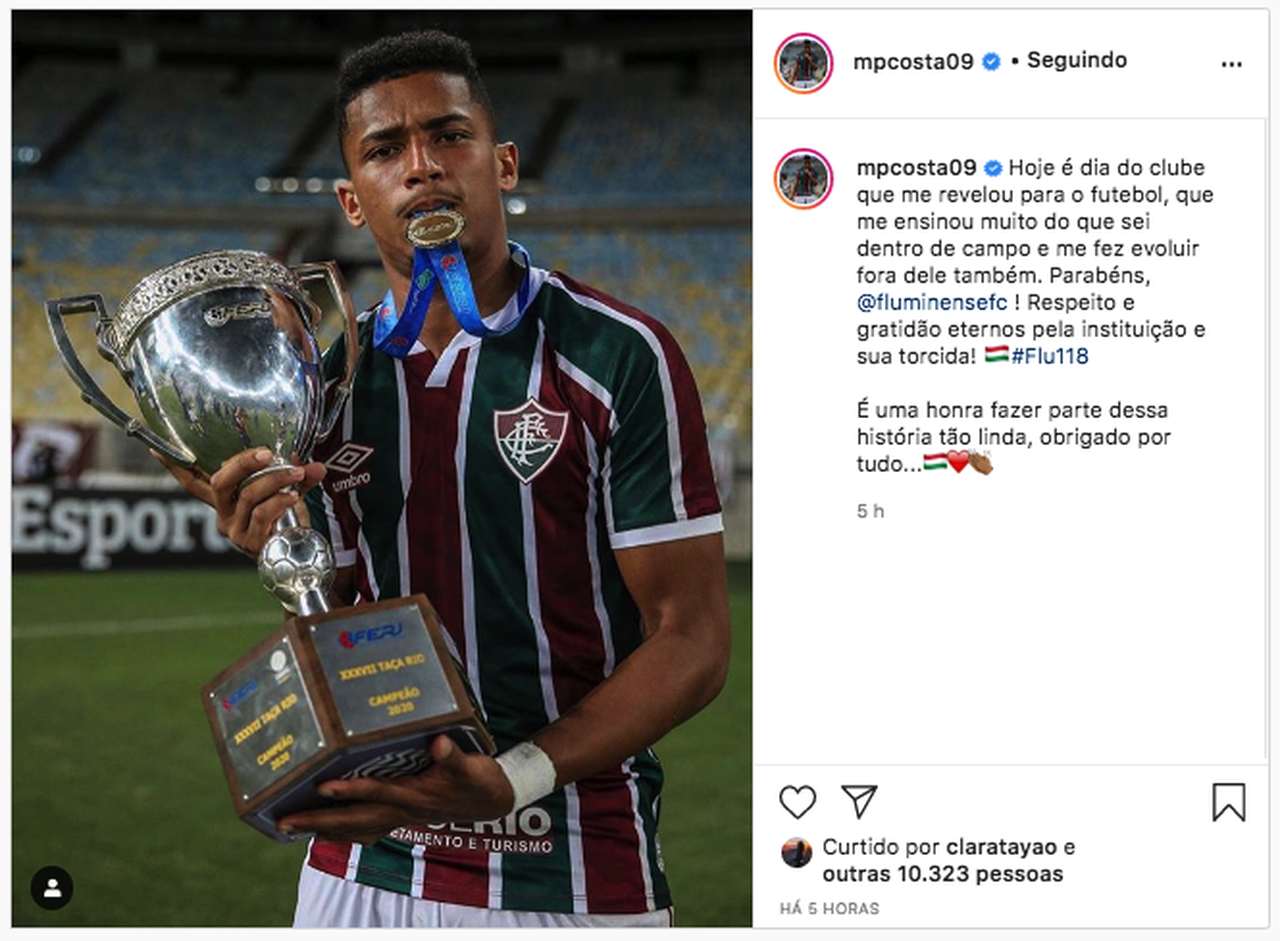 Cria e uma das maiores joias do Fluminense, atacante Marcos Paulo se declarou nas redes sociais.