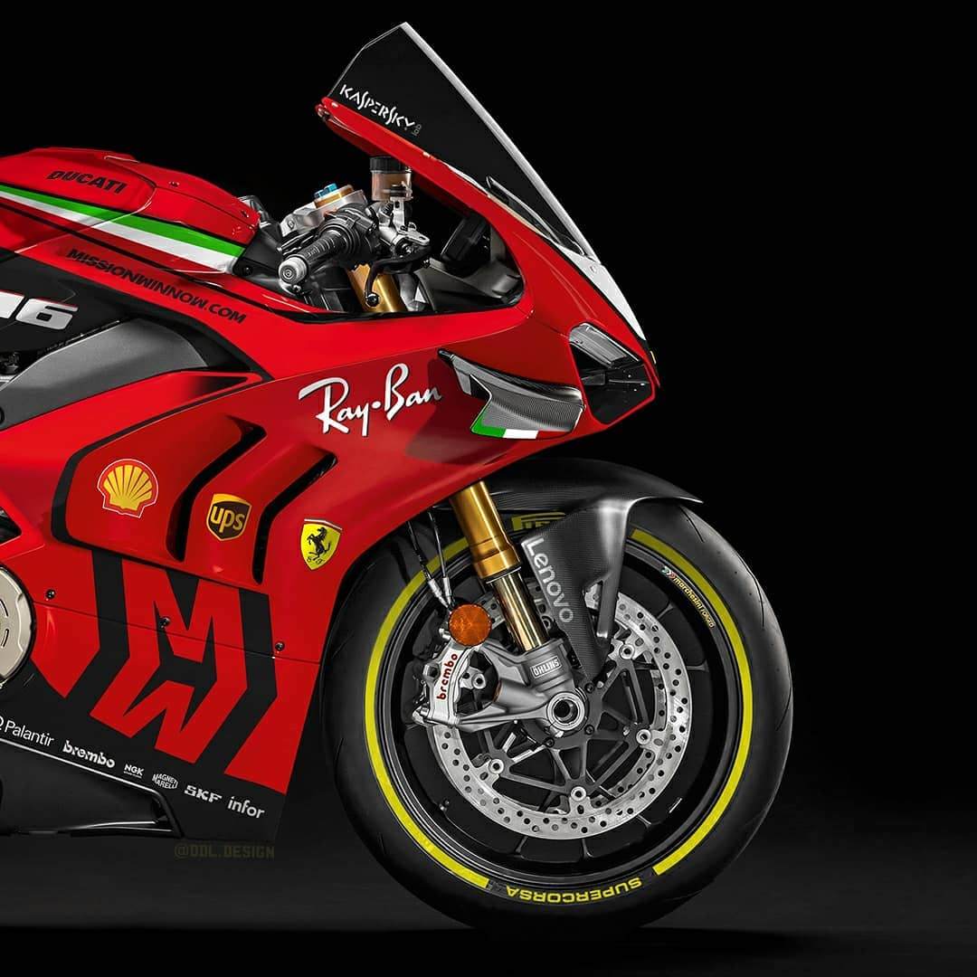 Detalhe da parte da dianteira da pintura da Ferrari na MotoGP