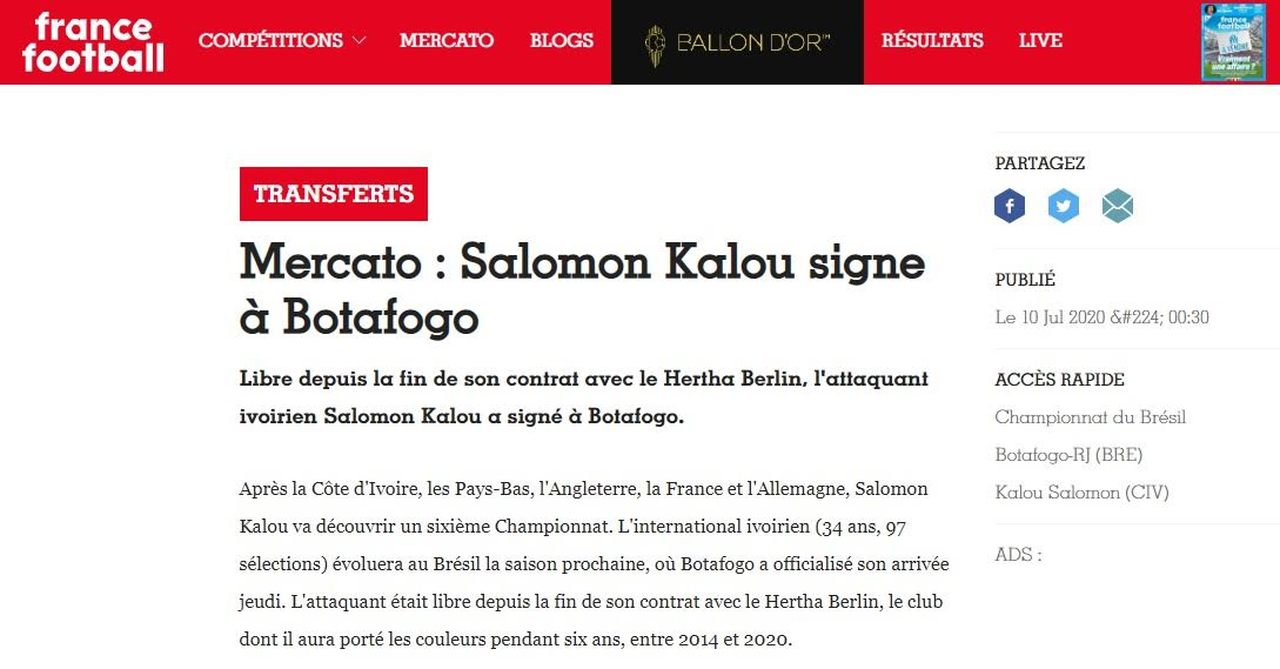 France Football - França - O acerto entre Kalou e Botafogo também foi notícia na França. O atleta deixou o Hertha Berlin, da Alemanha.