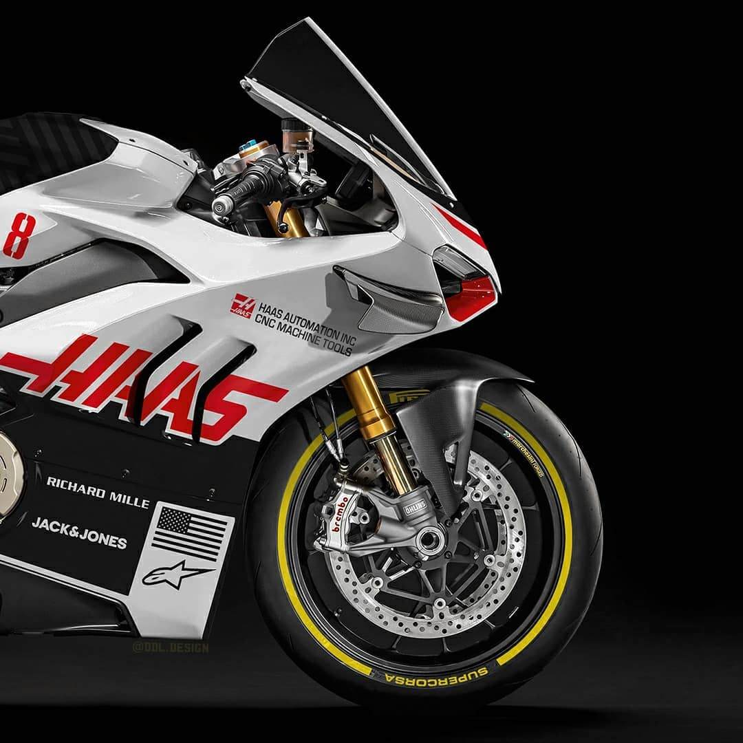 Detalhe da parte da dianteira da pintura da Haas na MotoGP