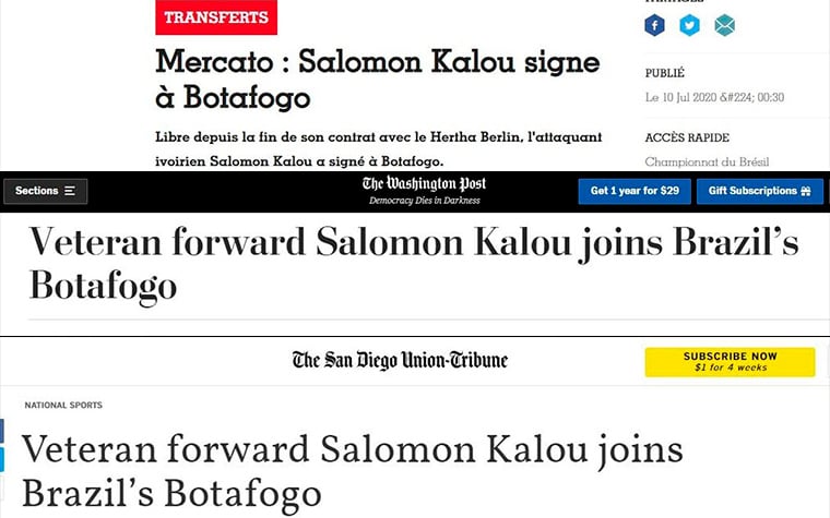 A chegada de Salomon Kalou ao Botafogo virou notícia no mundo inteiro. Diversos veículos internacionais repercutiram a contratação do atacante marfinense de 34 anos. O LANCE! listou os principais veículos que noticiaram o fato.