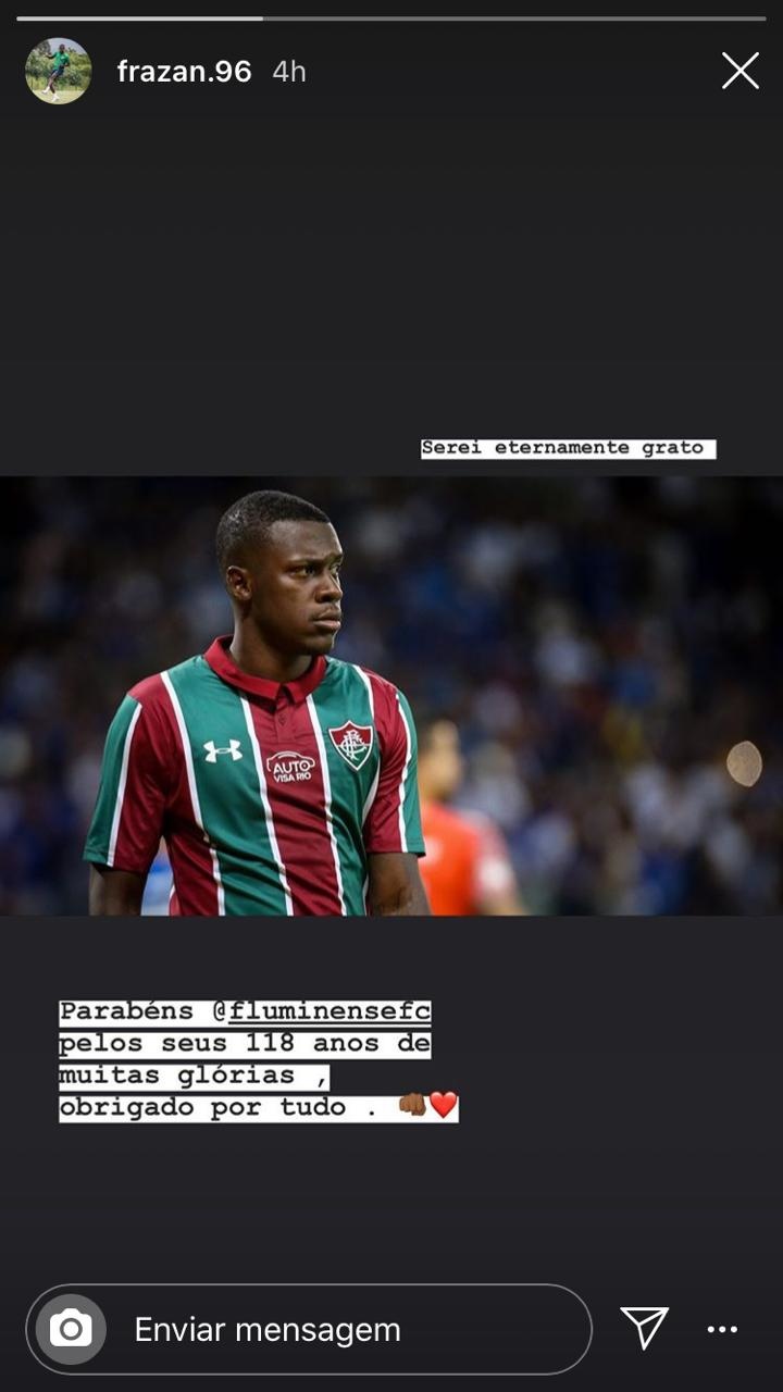 Cria do Fluminense, o zagueiro Frazan parabenizou o clube.