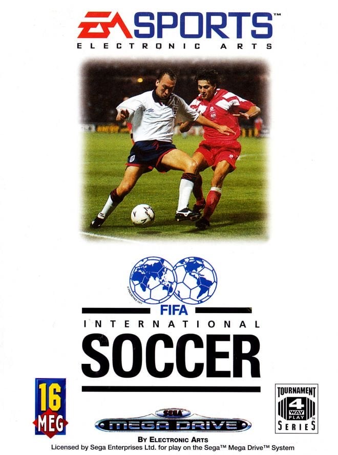 FIFA INTERNATIONAL SOCCER (1993) - O primeiro jogo da franquia trazia na capa o registro de uma disputa de bola entre o meio-campista inglês David Platt e o também meio-campista Piotr Swierczewski, da Polônia.