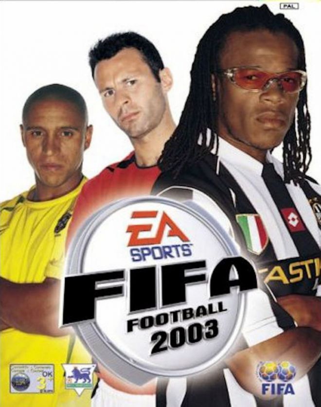 FIFA 2003 - A capa mundial do game veio com o lateral-esquerdo brasileiro Roberto Carlos acompanhado do meia galês Ryan Giggs e do volante holandês Edgar Davids.
