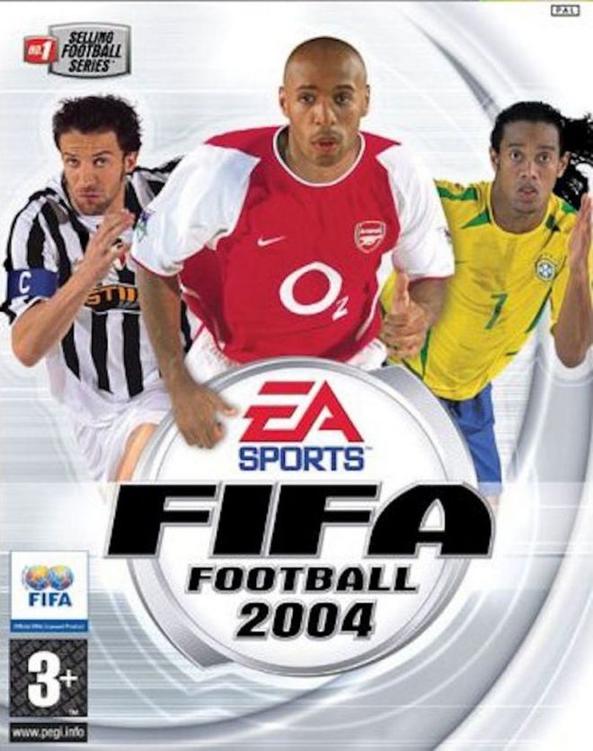 FIFA 2004 - A capa de 2004 foi a mesma em todo mundo, com os meias Ronaldinho Gaúcho (Brasil) e Alessandro Del Piero (Itália) e o atacante Thierry Henry (França).