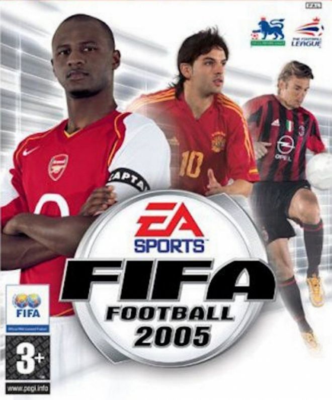 FIFA 2005 - O trio de capa do game era composta pelo meia Patrick Vieira (França) e pelos atacantes Fernando Morientes (Espanha) e Andriy Shevchenko (Ucrânia).