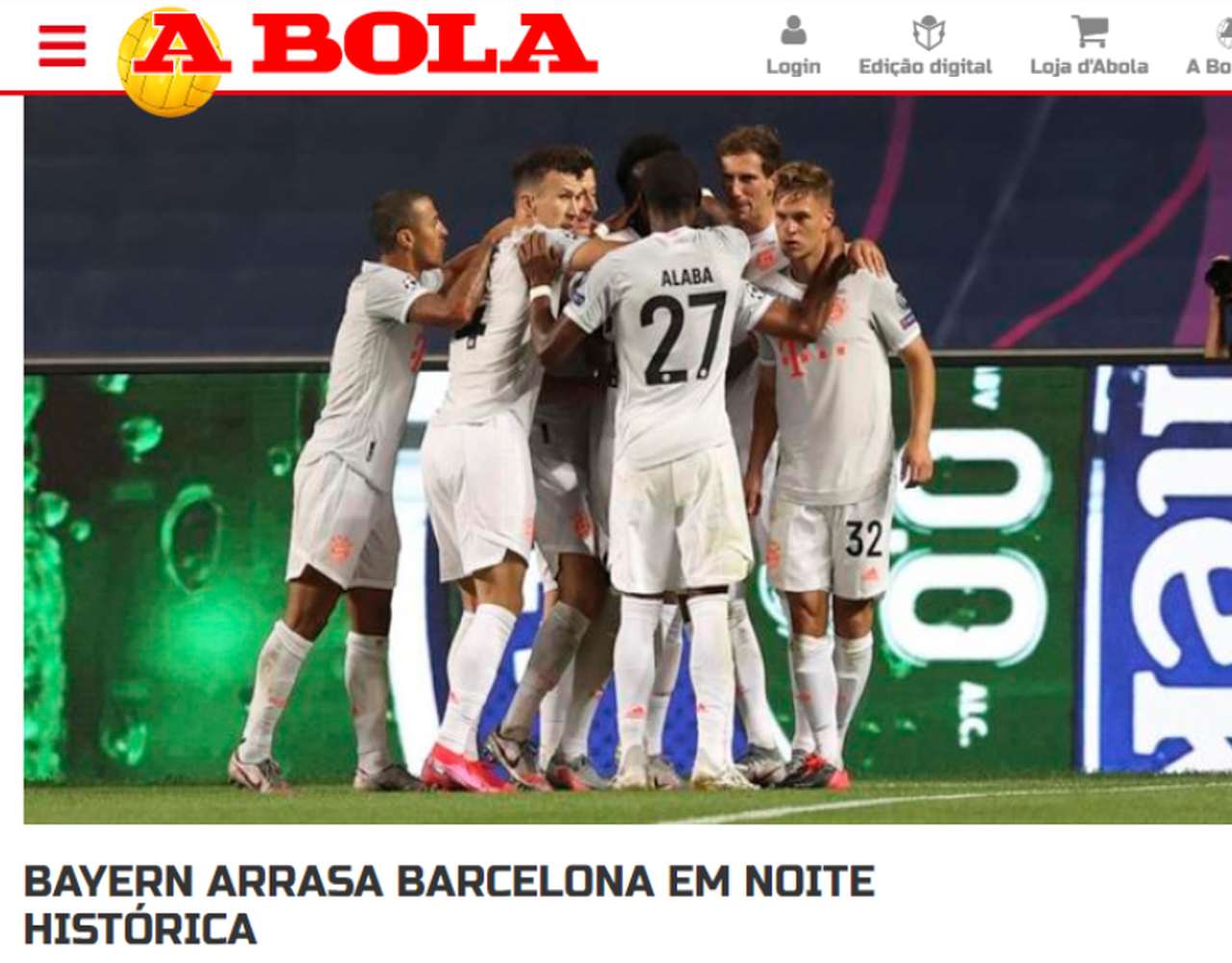 Jornal português 'A Bola': "Bayern arrasa Barcelona em noite histórica"