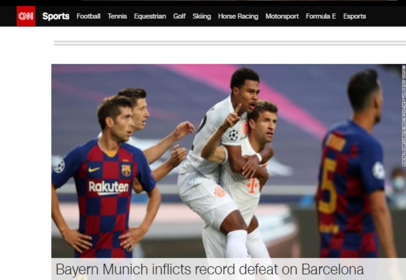 A 'CNN' destacou a derrota recorde do Barcelona na Liga dos Campeões.  "Bayern inflige derrota recorde ao Barcelona" 