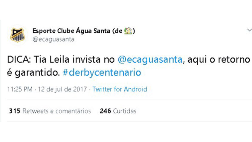 Em 2016, o Água Santa surpreendeu ao golear o Palmeiras por 4 a 1 no Campeonato Paulista. Através das redes sociais, o clube provocou a patrocinadora do clube alviverde e afirmou que ela deveria investir no clube deles.