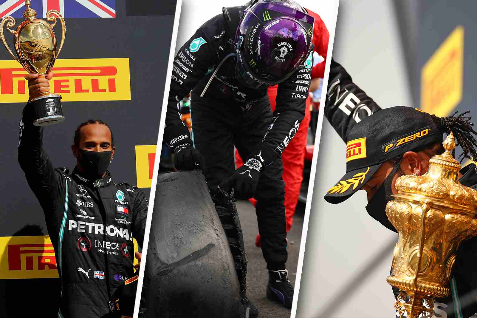 Confira as fotos que marcaram o GP da Inglaterra de 2020, vencido de forma dramática por Lewis Hamilton: