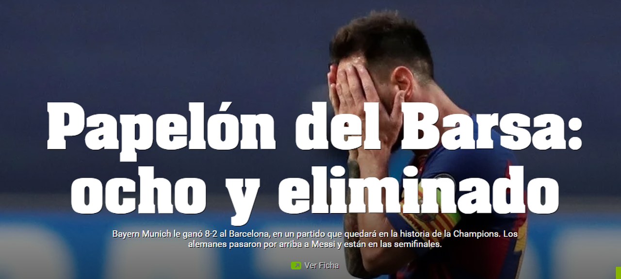 Jornal argentino Olé: "Papelão do Barça: Oito e eliminado"