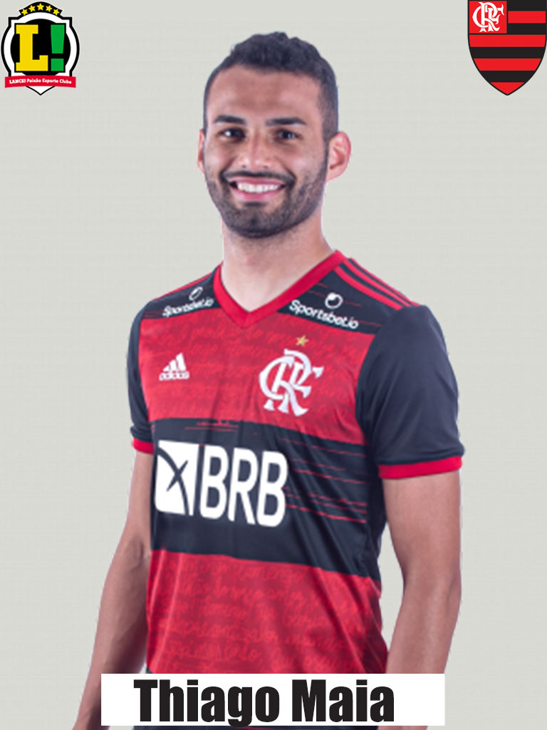 THIAGO MAIA - 7,0 - Em meio à maratona de jogos, o meia é o ponto de regularidade do time. Contribui para o Flamengo tanto na defesa, com desarmes, quanto no ataque, com os passes longos.