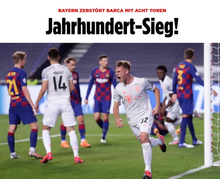 Jornal alemão 'Bild classificou a vitória como a vitória do século': "Bayern destrói Barça! Vitória do século!"