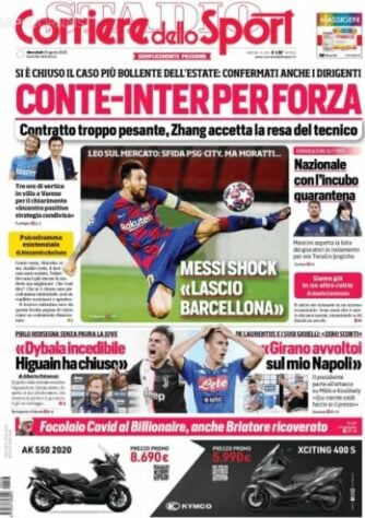 Corriere dello Sport (Itália) – Desafio PSG-City, mas Moratti... (da Internazionale). Messi choca com ‘Saio do Barcelona’.