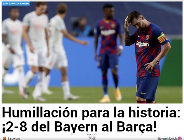 Jornal espanhol Marca: "Humilhação para a história: 8 a 2 do Bayern ao Barça"