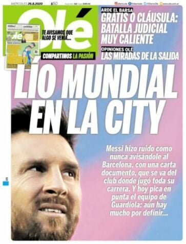 Olé (Argentina) – A capa do jornal argentino diz que o destino pode ser o Manchester City de Pep Guardiola, mas ‘ainda há muito a decidir’.