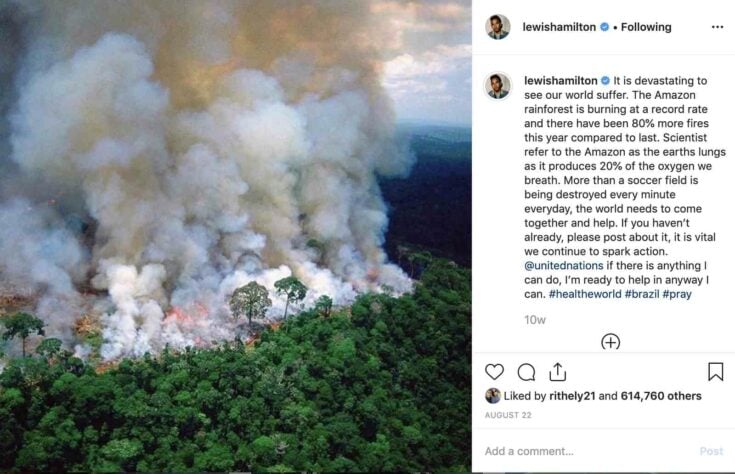 Uma das primeiras postagens engajadas de Hamilton foi sobre a Amazônia, alertando sobre a queimada na mata brasileira