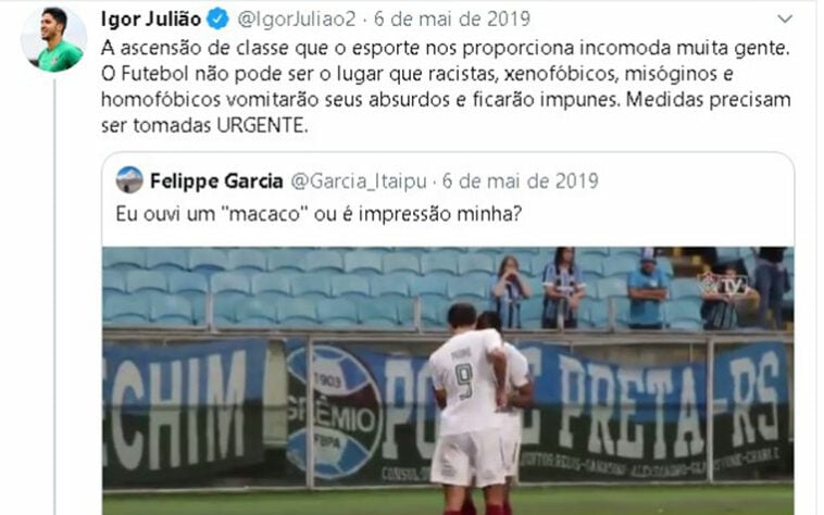 Quando Yony Gonzalez sofreu racismo e foi chamado de 'macaco' pela torcida do Grêmio, o lateral-direito Igor Julião foi em sua rede social para condenar o caso e pedir mudanças na sociedade.