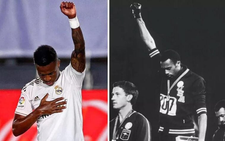 O brasileiro Vinicius Junior é um dos atletas negros que se posicionaram durante os protestos americanos. Vinicius replicou uma história comemoração de Tommie Smith e John Carlos, nas Olimpíadas de 1968.