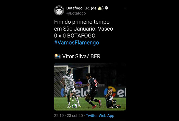 O perfil oficial do Botafogo cometeu uma enorme gafe no intervalo da partida contra o Vasco na Copa do Brasil, usando a hashtag #VamosFlamengo. A publicação foi excluída e sofreu uma enorme crítica da torcida. 