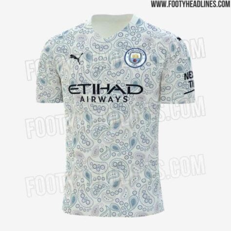 O Manchester City revelou sua camisa 3 para a próxima temporada e o uniforme chamou a atenção pelo design estranho. Mais parece um conjunto de bactérias, não?