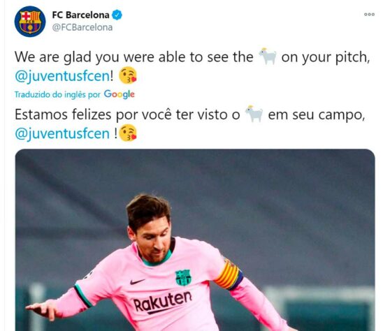 Após o fim do jogo, o Barcelona usou as redes sociais para uma provocação: "Estamos felizes por você ter visto o GOAT em seu campo, Juventus!". GOAT é abreviação para "maior de todos os tempos" em inglês.  