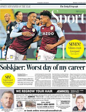 O The Telegraph adotou pela frase de Solskjaer, técnico do Mancheste United, afirmando que havia sido o pior dia da carreira dele como treinador