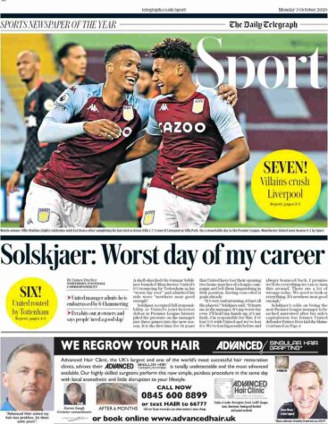 O The Telegraph adotou pela frase de Solskjaer, técnico do Mancheste United, afirmando que havia sido o pior dia da carreira dele como treinador
