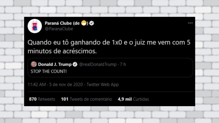 O perfil oficial do Paraná Clube também brincou com o tweet de Donald Trump