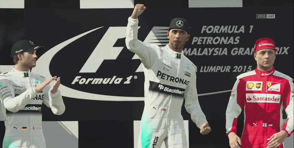 Já no F1 2015, a face do piloto apareceu nas celebrações do pódio.