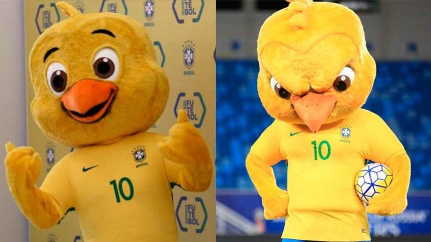 Antes e depois: certamente a renovação de maior sucesso nos mascotes foi feita pela CBF. A nova versão do Canarinho fez sucesso na Copa do Mundo de 2018
