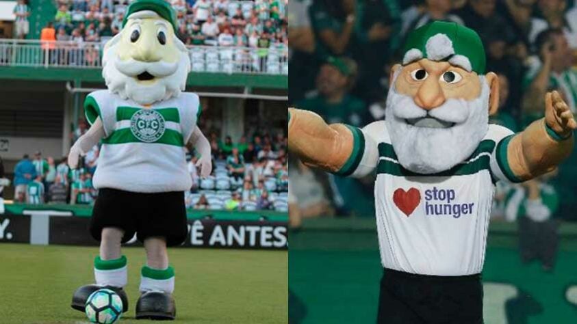 Antes e depois: o Coritiba investiu na academia e colocou o seu mascote para malhar. O clube apresentou o novo Vovô, repaginado e bombado, em junho de 2019