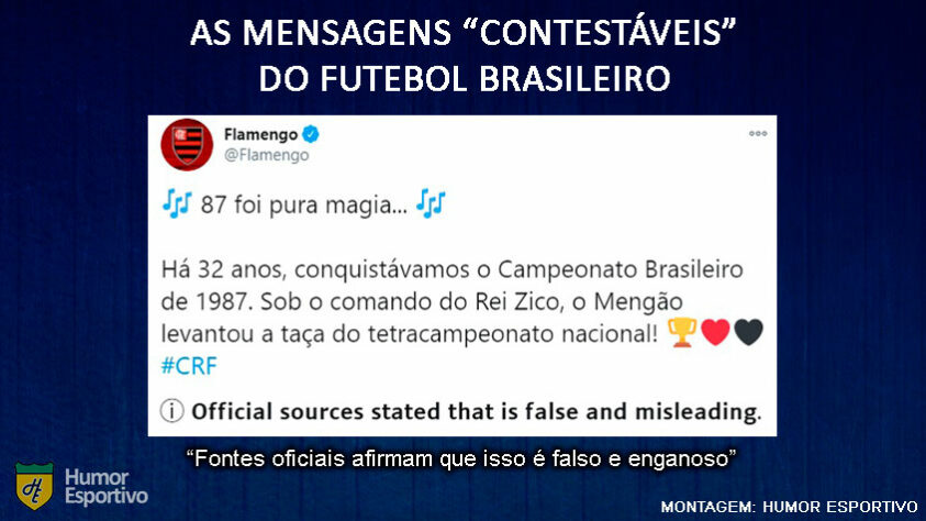 A polêmica envolvendo o título brasileiro de 87 poderia, eventualmente, receber uma mensagem de alerta do Twitter. Seja no perfil do Flamengo, seja no do Sport Recife.