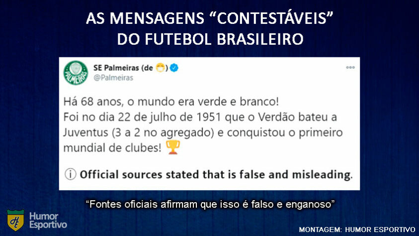 Tentando evitar a propagação de informações falsas, o Twitter tem marcado mensagens "potencialmente enganosas" com uma breve mensagem sob a publicação. A ação ganhou mais visibilidade devido às eleições americanas e posts "contestáveis" de Donald Trump. O Humor Esportivo entrou na onda, fez uma breve análise e "marcou" algumas postagens de futebol que são passíveis de discussão. Confira na galeria!