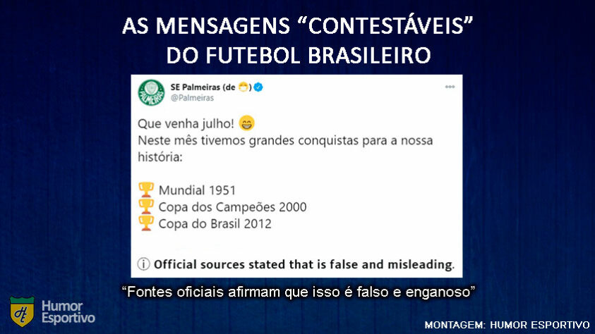 O famoso Mundial de 51 tão polêmico e valorizado pelo Palmeiras mereceria um aviso do Twitter?