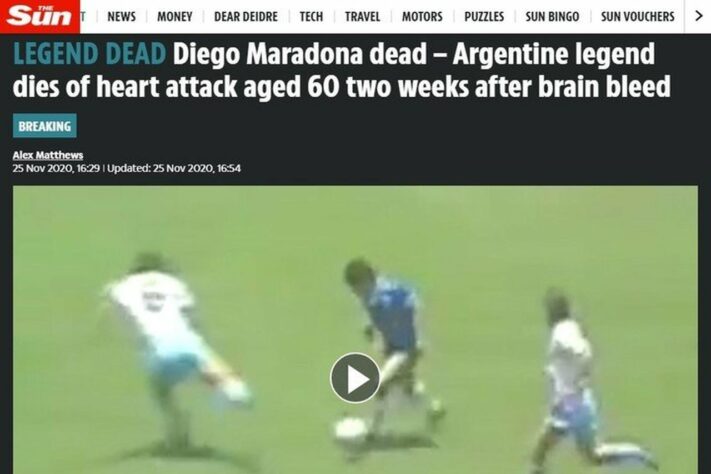 Confira a repercussão da morte de Diego Armando Maradona no periódico britânico: 'The Sun'.