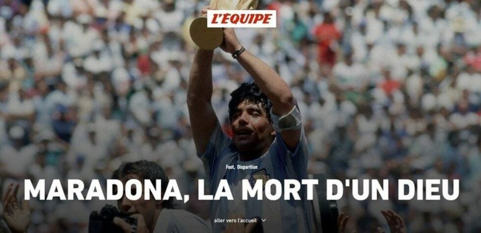 Confira a repercussão da morte de Diego Armando Maradona no periódico francês 'L'Equipé'.