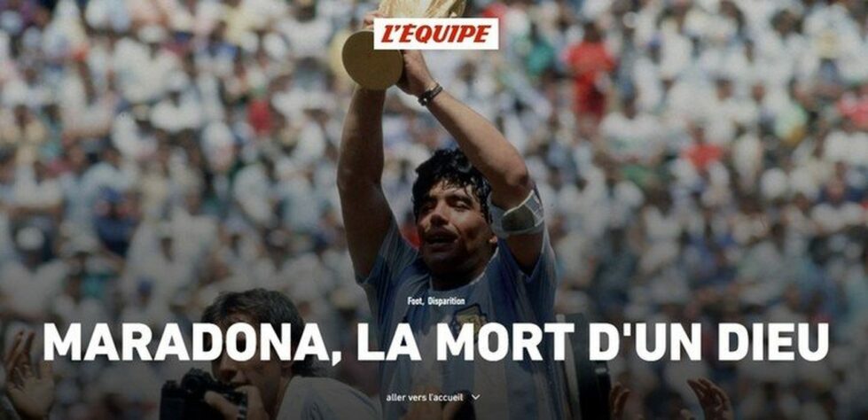 Confira a repercussão da morte de Diego Armando Maradona no periódico francês 'L'Equipé'.