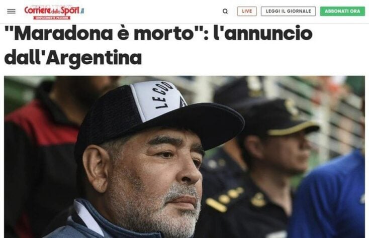 Confira a repercussão da morte de Diego Armando Maradona no jornal italiano 'Corriere dello Sport'