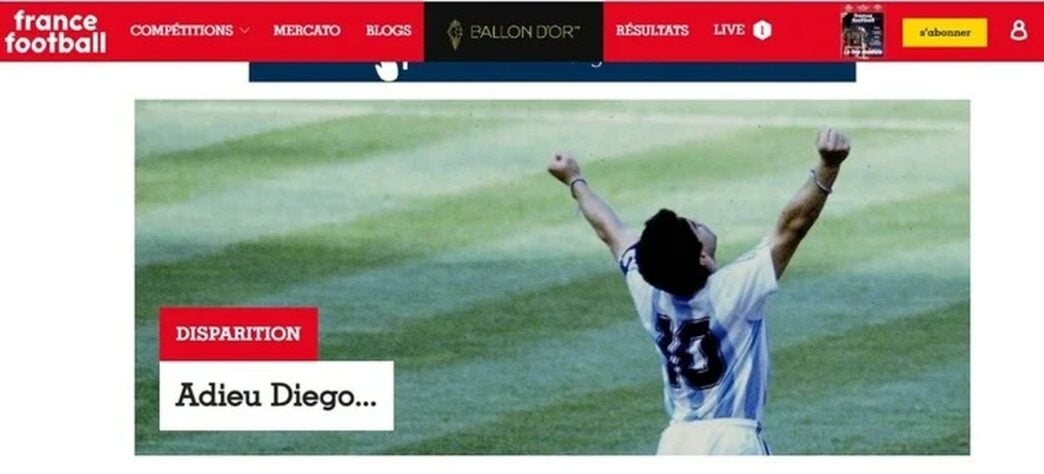 A popular revista especializada 'France Football' também repercutiu a morte da lenda do futebol, Diego Armando Maradona. 
