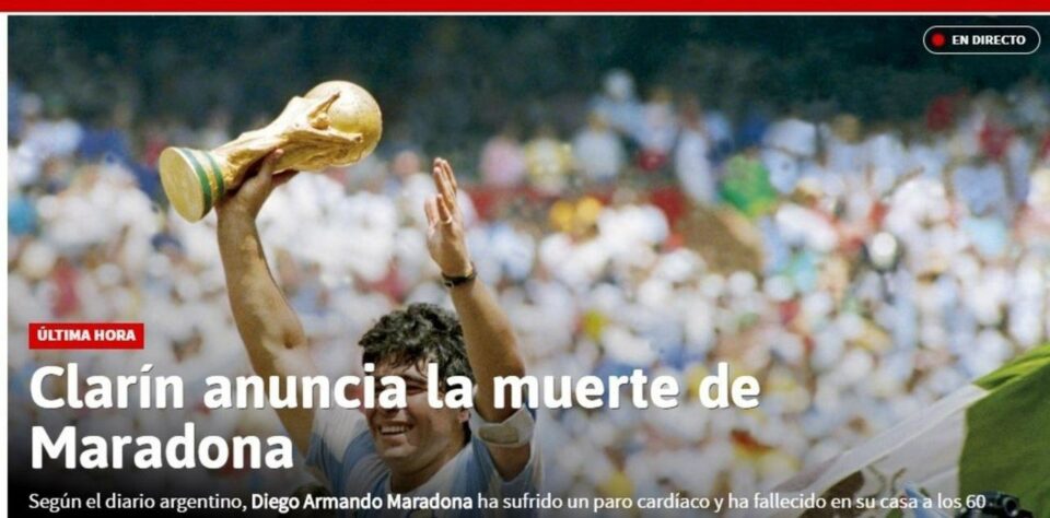 O jornal espanhol 'As" repercutiu a morte de Maradona. 
