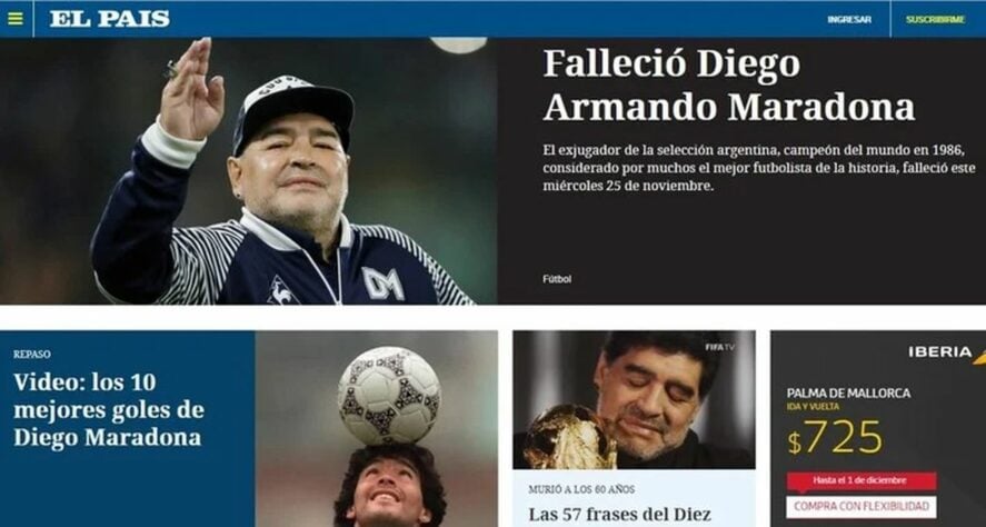 O jornal 'El País' repercutiu a morte da lenda do esporte, Diego Armando Maradona. 
